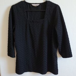 Women's Black Top Textured 3/4 Sleeve Square Neckline Sz L